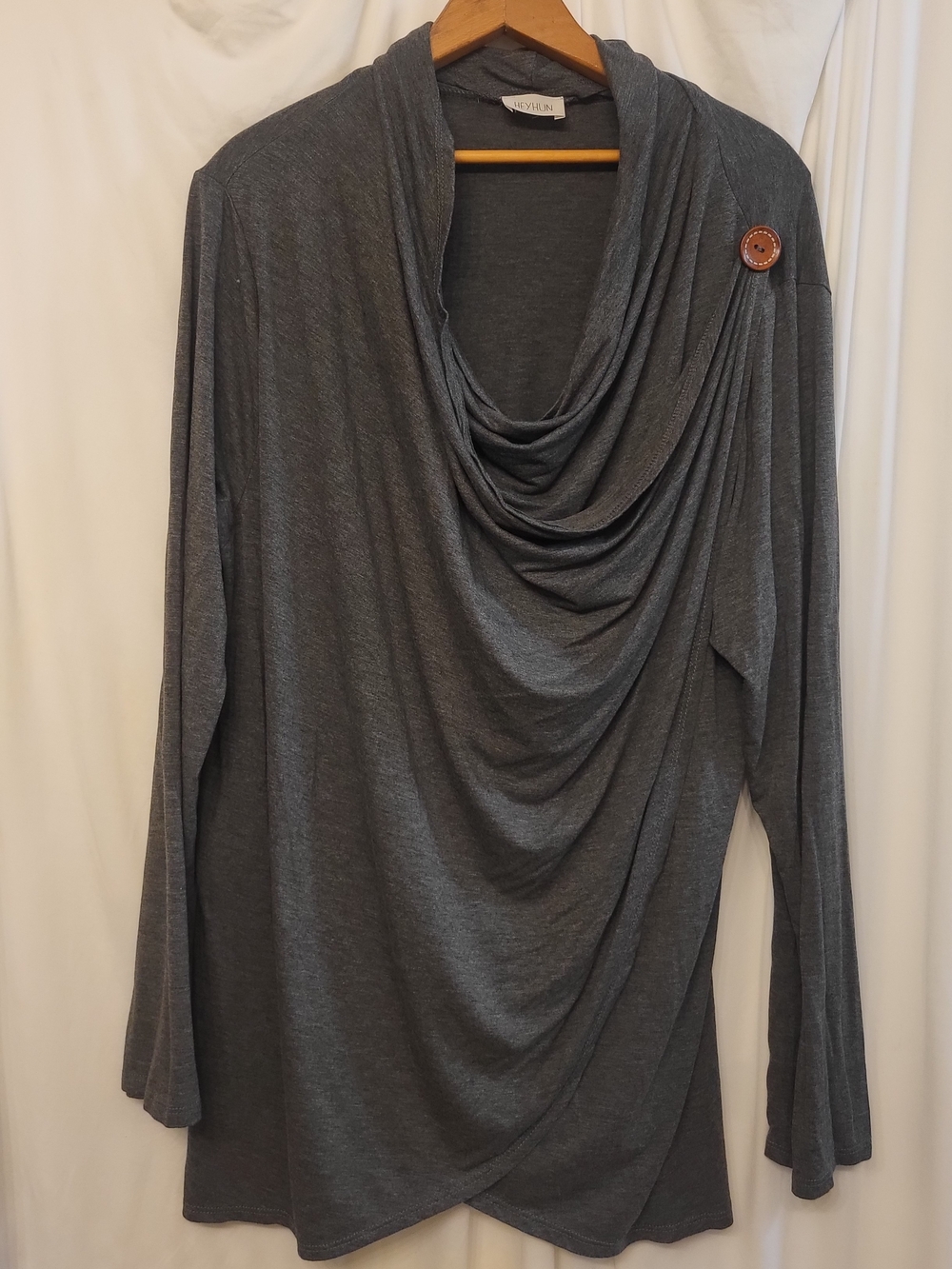 Women's Long Sleeve Light Weight Wrap With Button. Steel Grey 32" From shoulder
